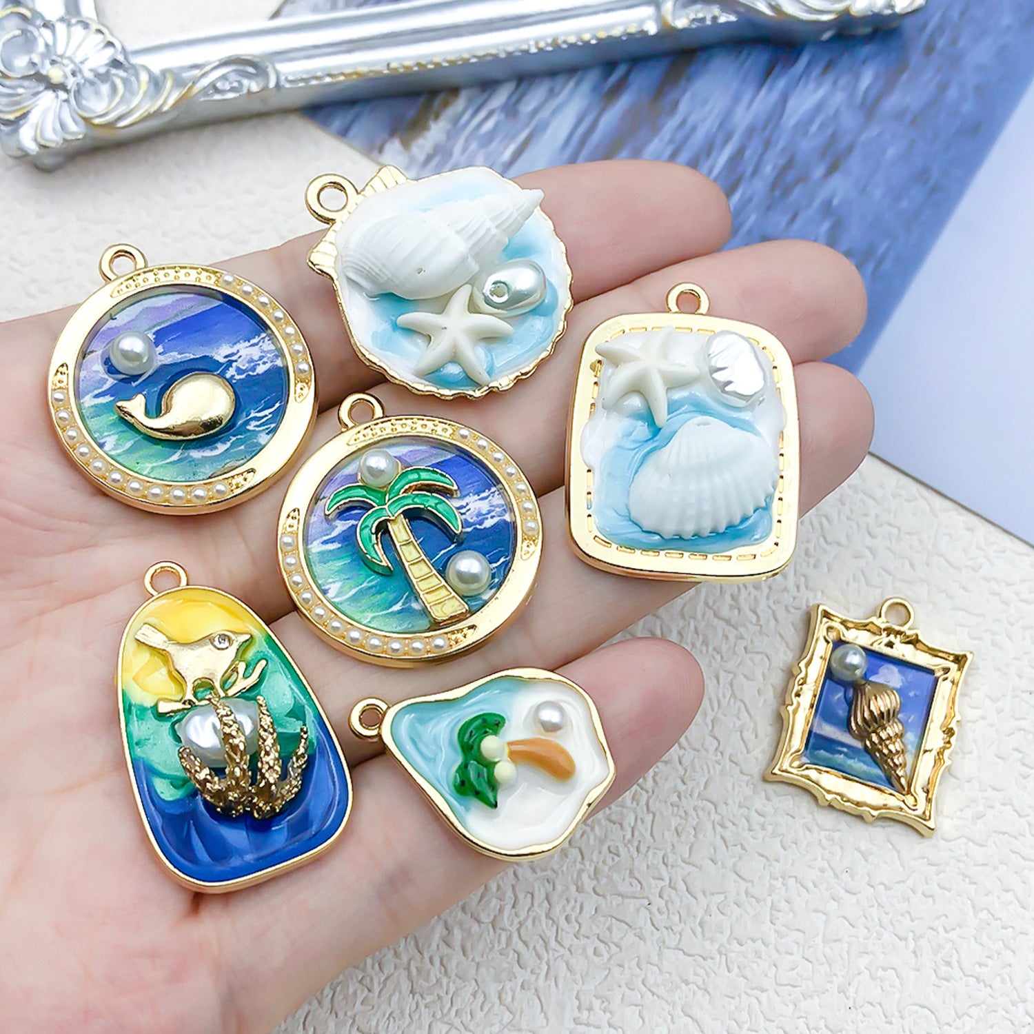 Wholesale Oil Painting Ocean Series DIY Alloy Oil Drop Pendant Necklace Earrings